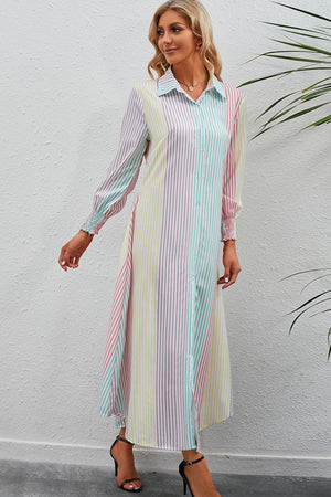 Shirtdress with vertical stripes and smocked cuffs