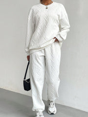 White cable knit loungewear set with crew neck sweatshirt and cuffed pants