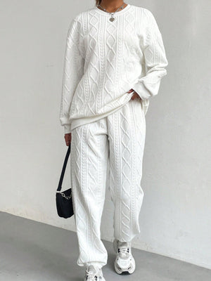 White cable knit loungewear set with crew neck sweatshirt and cuffed pants