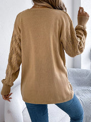 Khaki acrylic openwork long sleeve cardigan with cable knit detail on sleeves.