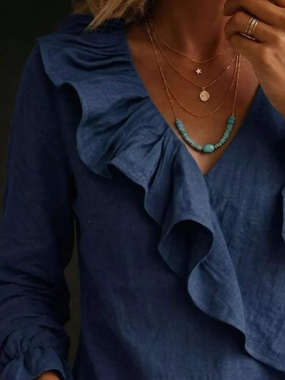 Full Size Ruffled Long Sleeve Blouse, fabric detail