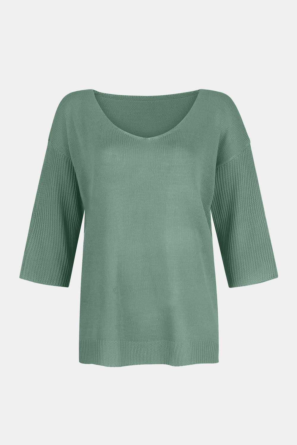 Flared sleeve V-neck knit sweater in Gum Leaf with ribbed sleeves.