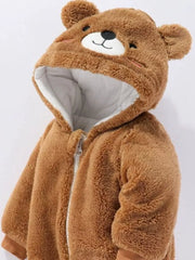 Brown fleece baby bear hooded snowsuit with zipper closure and embroidered face details.