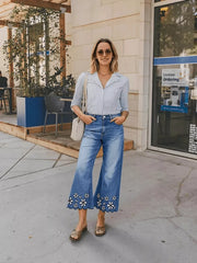 Embroidered Wide-leg Cropped Jeans With Scalloped Hem
