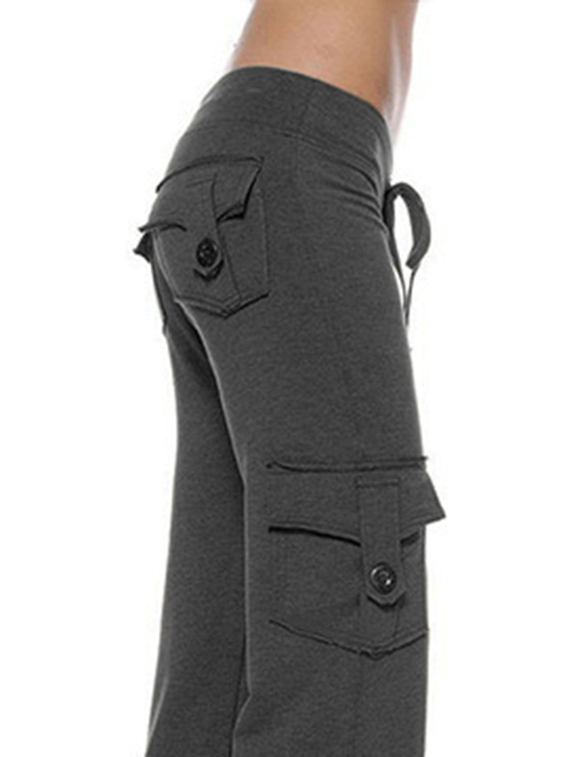 Heather gray wide-leg drawstring cargo pants with button flap pockets