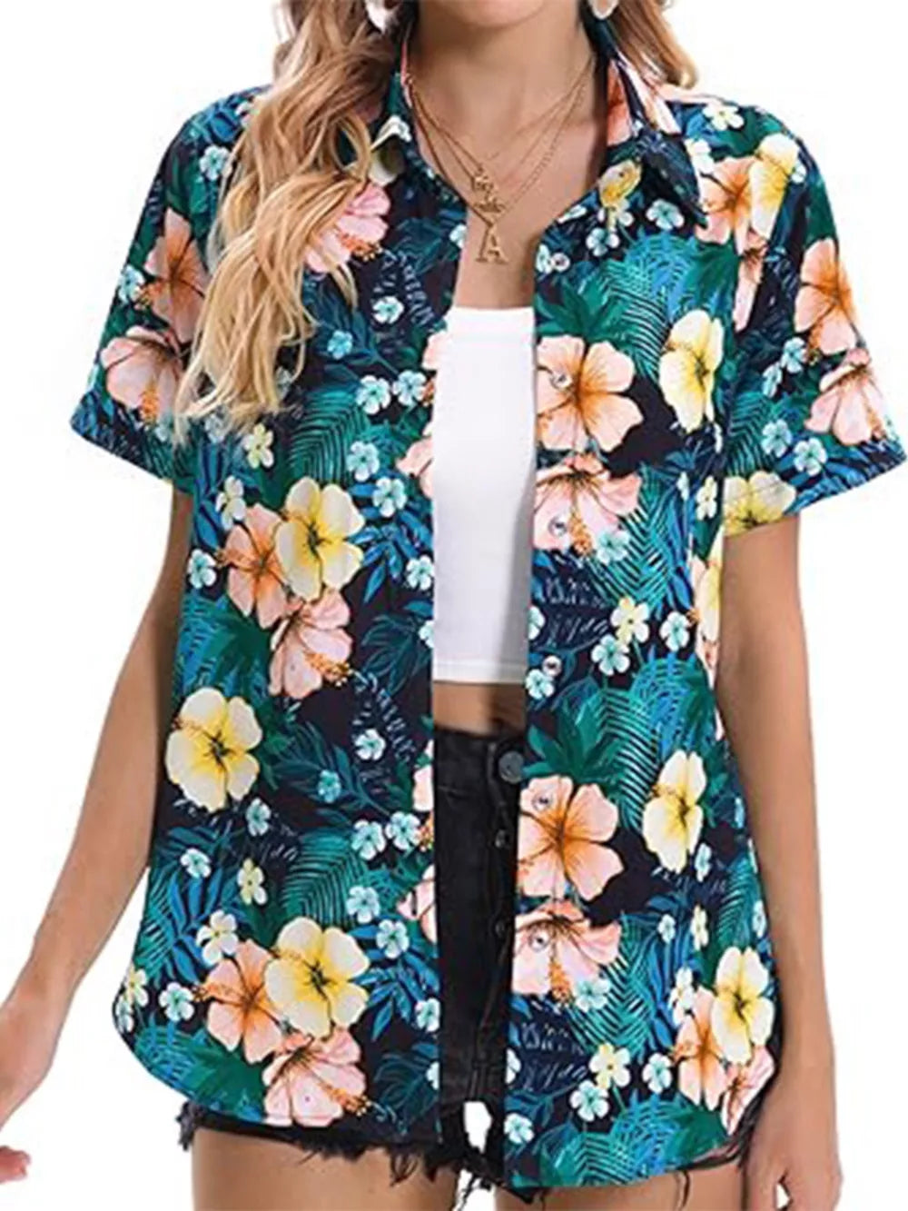 Button-up shirt with tropical hibiscus print, short sleeves, and open collar.