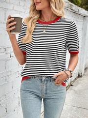 Nautical striped knit tee with red trim and short sleeves.