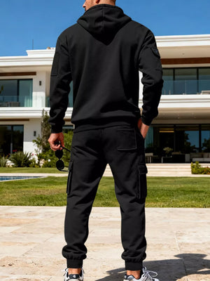 Black cargo sweatpants and hoodie set with utility pockets, men's activewear.