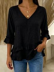 V-neck Ruffle Sleeve Top in White, close-up detail