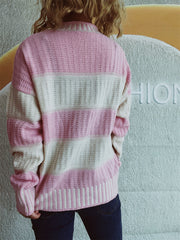 Textured stripe mock neck knit sweater in blush pink and cream acrylic with a waffle knit pattern.