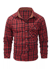 Red plaid cotton button-up shirt with corduroy collar and chest pockets
