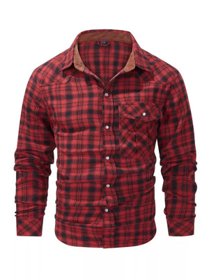 Red plaid cotton button-up shirt with corduroy collar and chest pockets