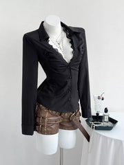 Black button-down maternity shirt with lace V-neck and ruched front