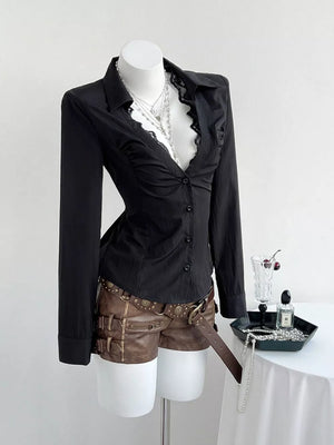 Black button-down maternity shirt with lace V-neck and ruched front