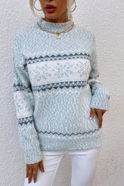 Nordic Fair Isle mock neck knit sweater in Cloudy Blue with snowflake pattern and acrylic blend.