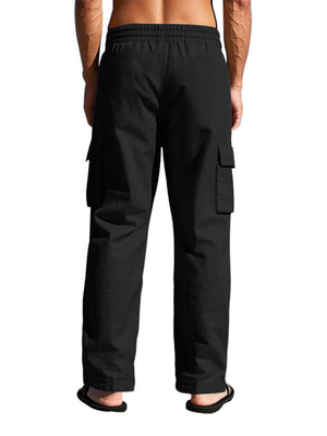 Black cargo sweatpants with drawstring waist and side pockets.