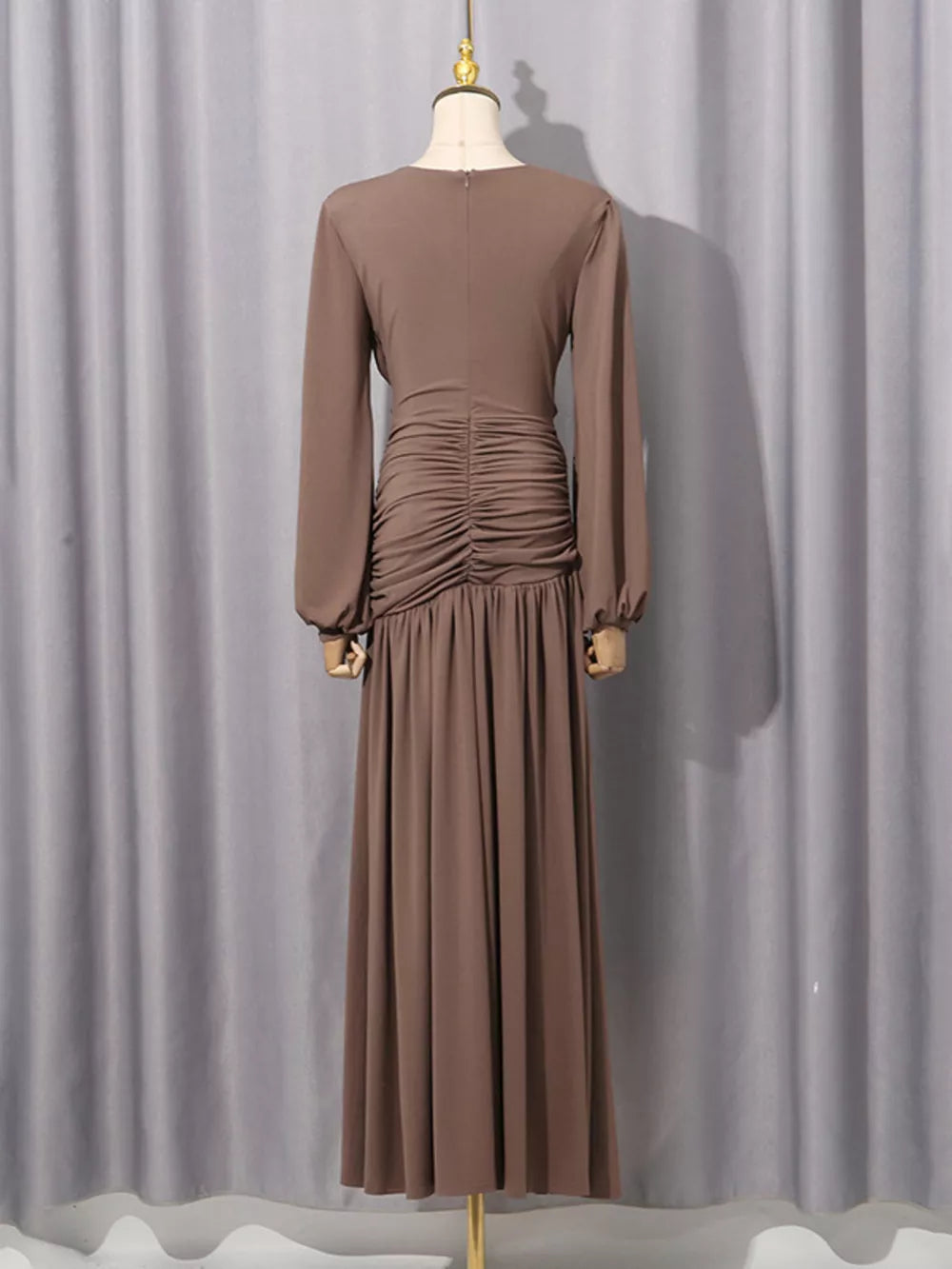 Ruched Long-sleeve Maxi Dress With Cutout in Brown, model styling view