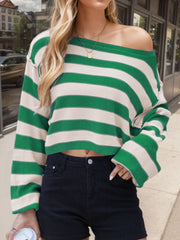 Green and cream striped off-shoulder cropped knit sweater with long sleeves.