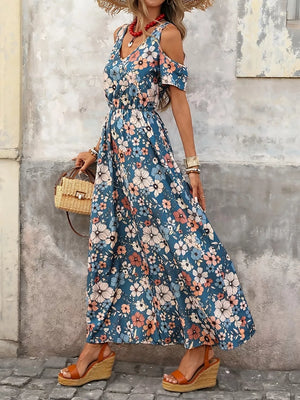 Cold Shoulder Floral Print Maxi Dress in Black, fit detail