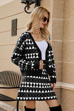 Black argyle knit cardigan and mini skirt set with button closure