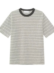 Essential striped crew neck t-shirt in white with grey stripes and a dark grey neckline.