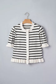 Black and white striped maternity cardigan with ruffle trim and buttons.
