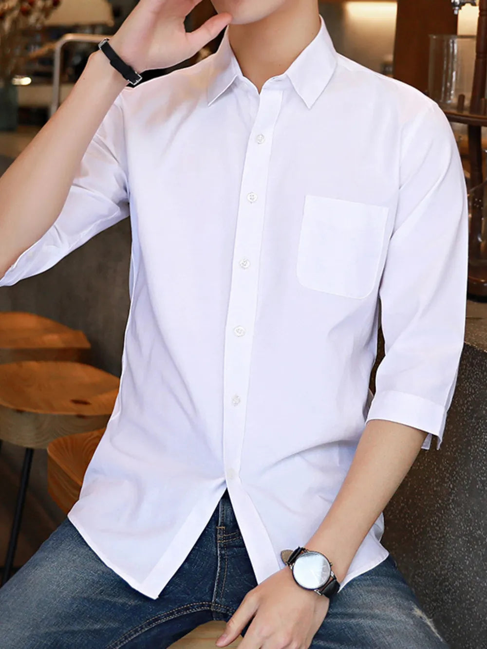 Men's Plus Size Casual Button Up Shirt in White, side view