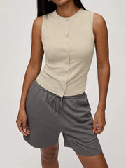 Khaki ribbed button-front fitted tank top with crew neck and short sleeves.