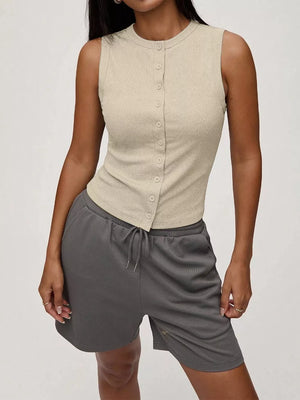 Khaki ribbed button-front fitted tank top with crew neck and short sleeves.