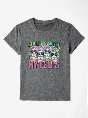 Dark Gray graphic t-shirt with cartoon bunnies wearing sunglasses and the text My Peeps.