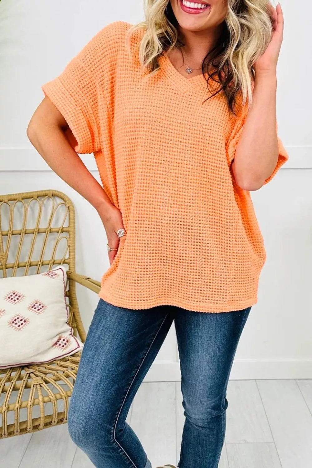 Waffle knit v-neck t-shirt in sherbet with short sleeves.