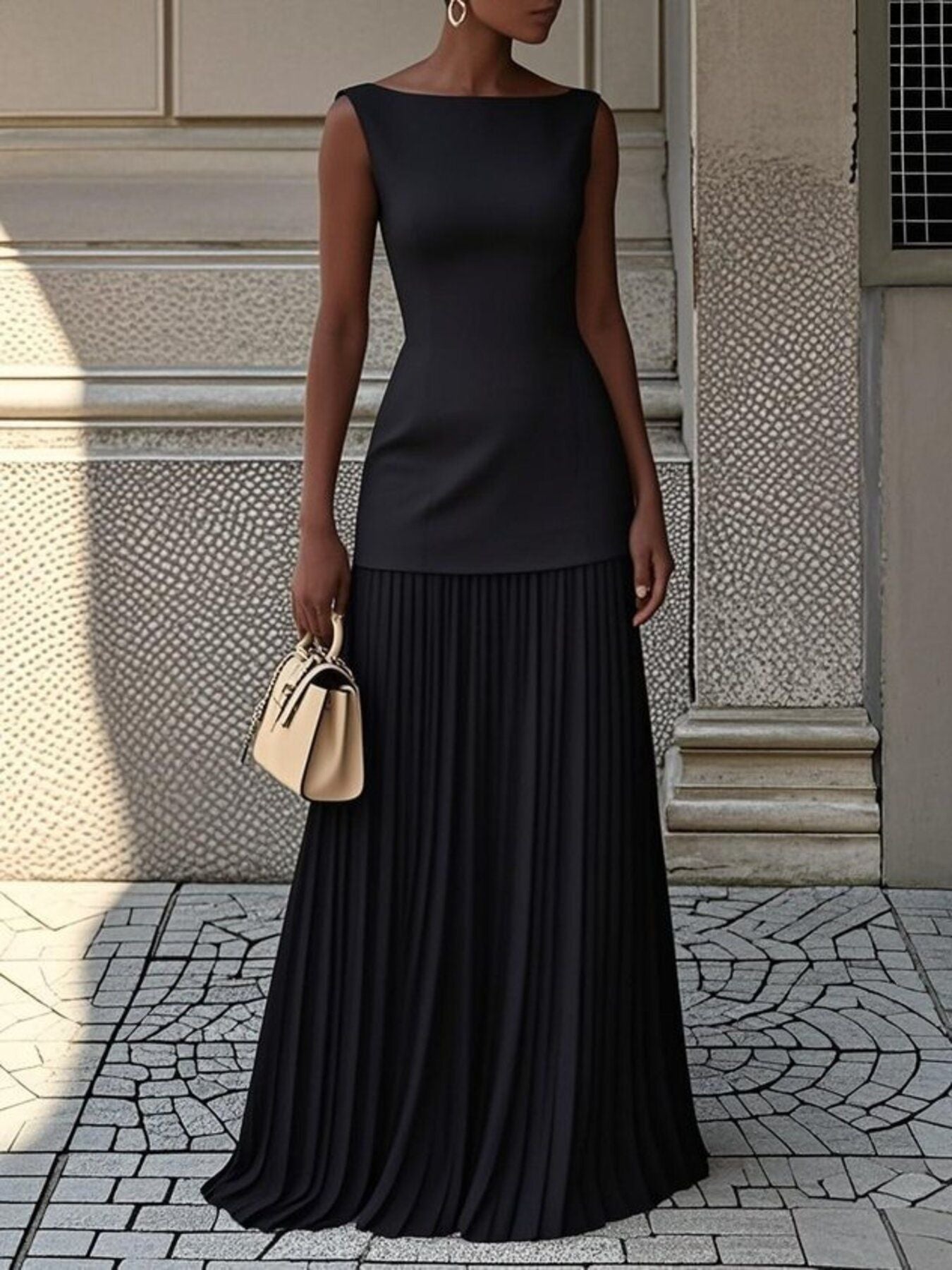Black sleeveless boat neck top with pleated maxi skirt set