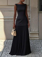 Black sleeveless boat neck top with pleated maxi skirt set