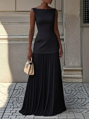 Black sleeveless boat neck top with pleated maxi skirt set
