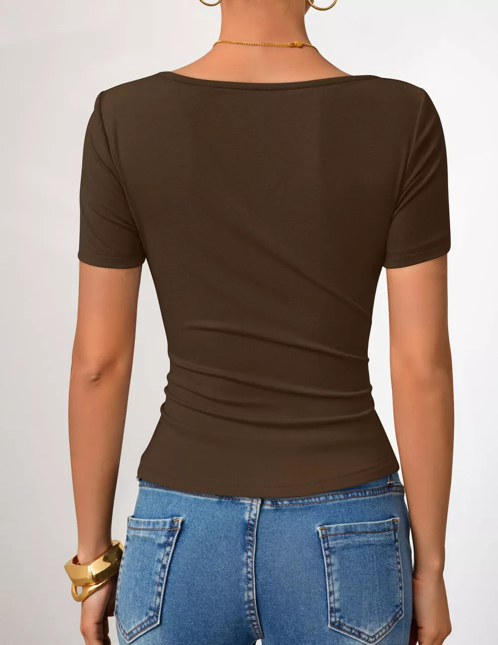 Brown asymmetrical fitted t-shirt with short sleeves and a square neckline.
