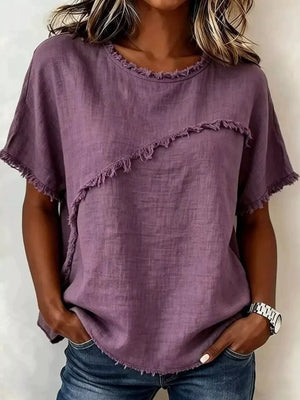 Purple relaxed-fit shirt with frayed asymmetrical neckline and hem