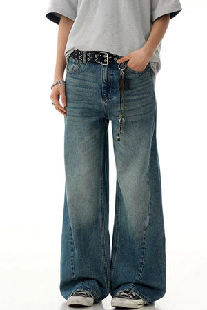 Men's blue vintage wash relaxed fit cotton jeans with a wide leg.