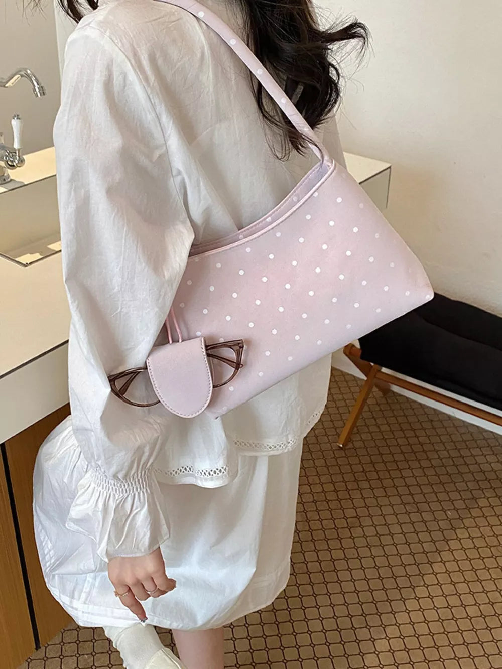 Polka Dot Shoulder Bag in Black, back view