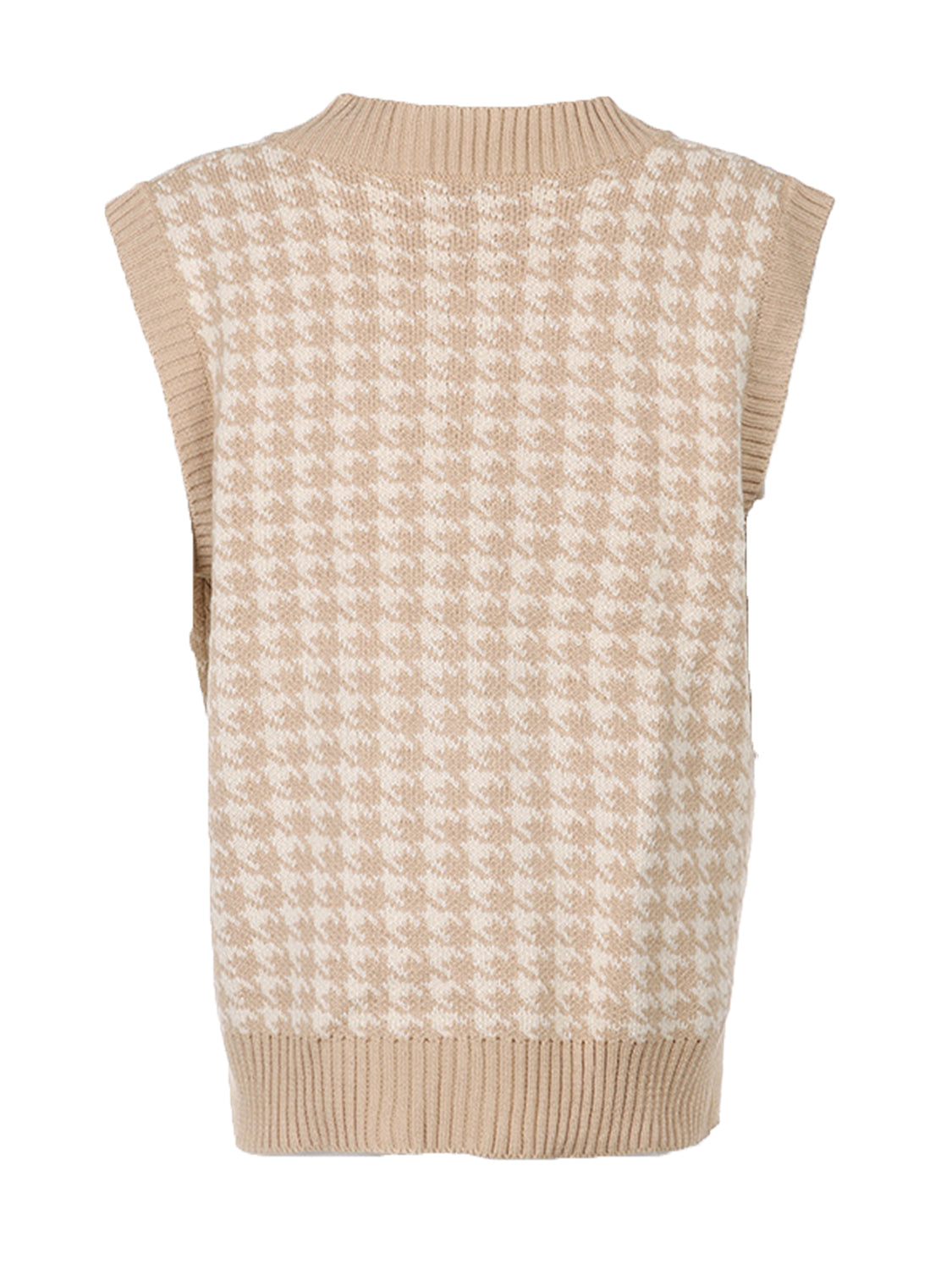Houndstooth knit v-neck tank top in beige and white with ribbed trim.