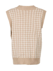 Houndstooth knit v-neck tank top in beige and white with ribbed trim.