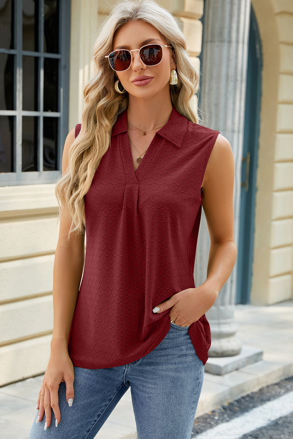 Burgundy eyelet polo tank with pleated bib and V-neck