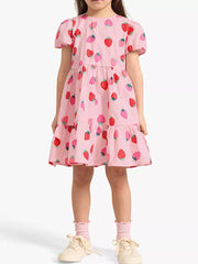 Pink strawberry print tiered dress with puff sleeves for baby girls.