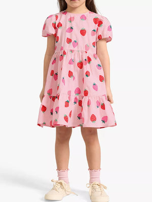 Pink strawberry print tiered dress with puff sleeves for baby girls.