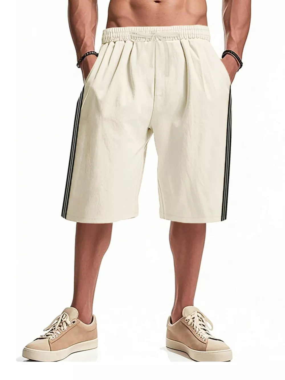 Apricot men's bermuda shorts with drawstring waist and side stripe detail.