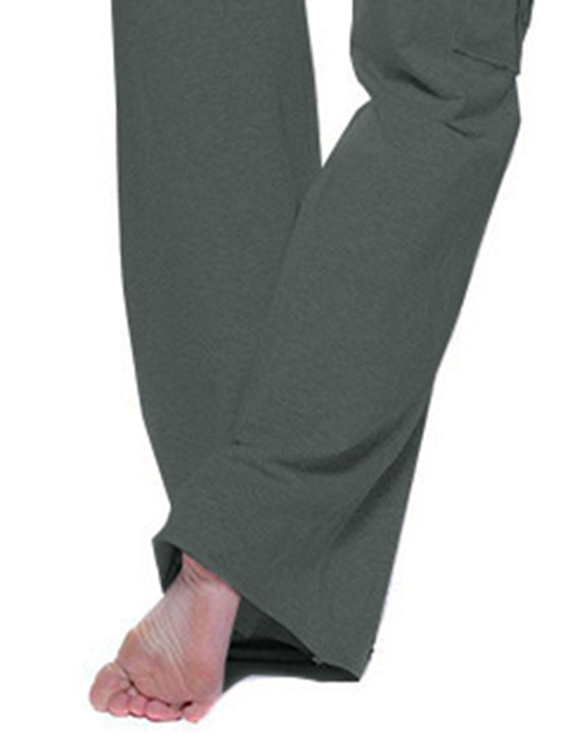 Cargo-inspired wide-leg drawstring trousers in heather gray with a visible cargo pocket detail.
