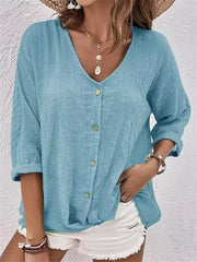 Full Size Casual V-neck Button-down Blouse in Blue, front view