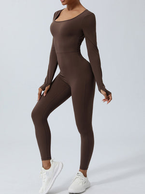 Chocolate long sleeve sculpting jumpsuit with thumbholes and a square neckline.