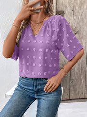Heliotrope purple Swiss dot blouse with V-neck and short sleeves