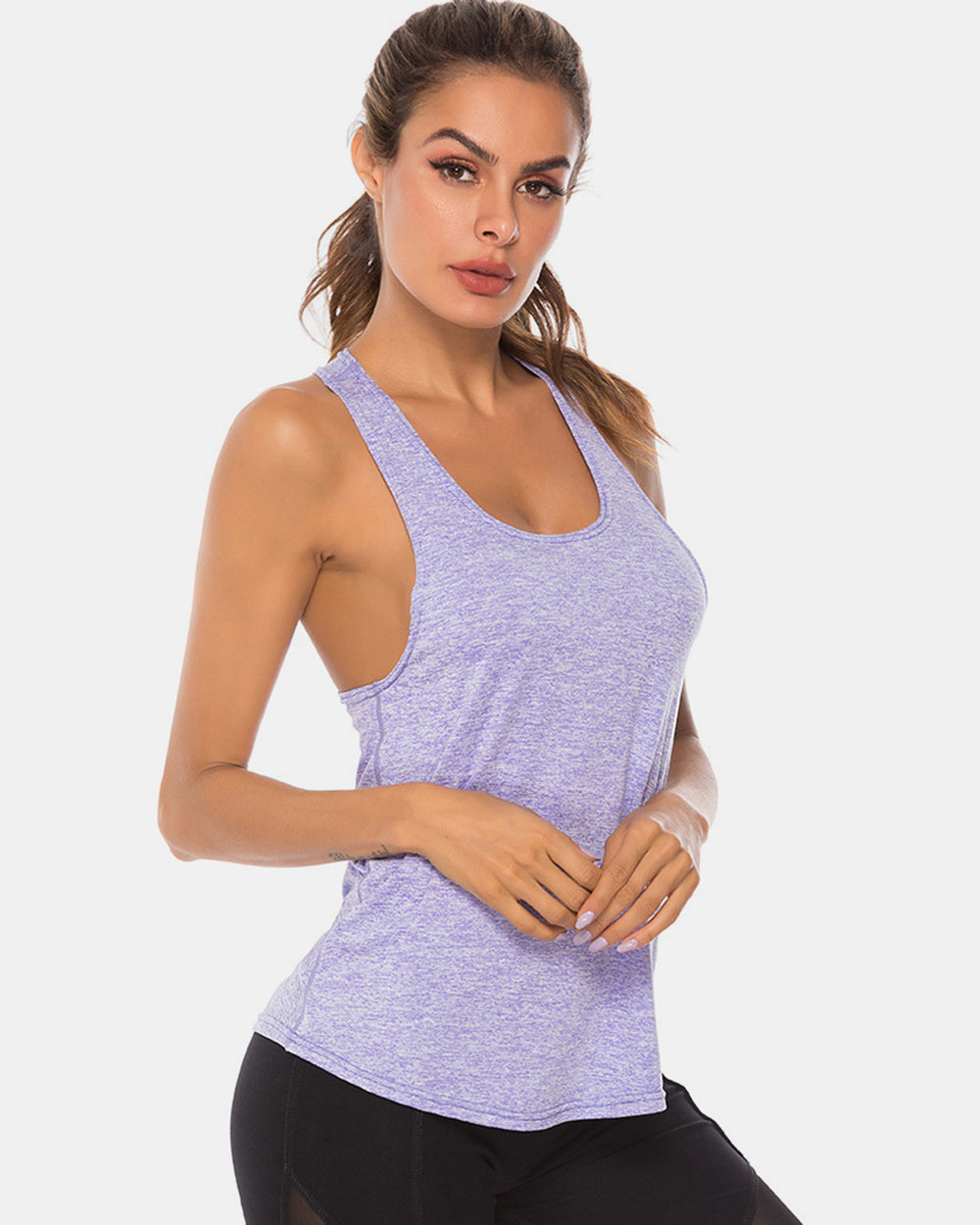 Lavender racerback tank top with a heathered texture.