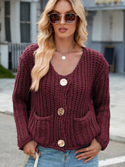 Burgundy chunky knit cardigan with gold buttons and pockets